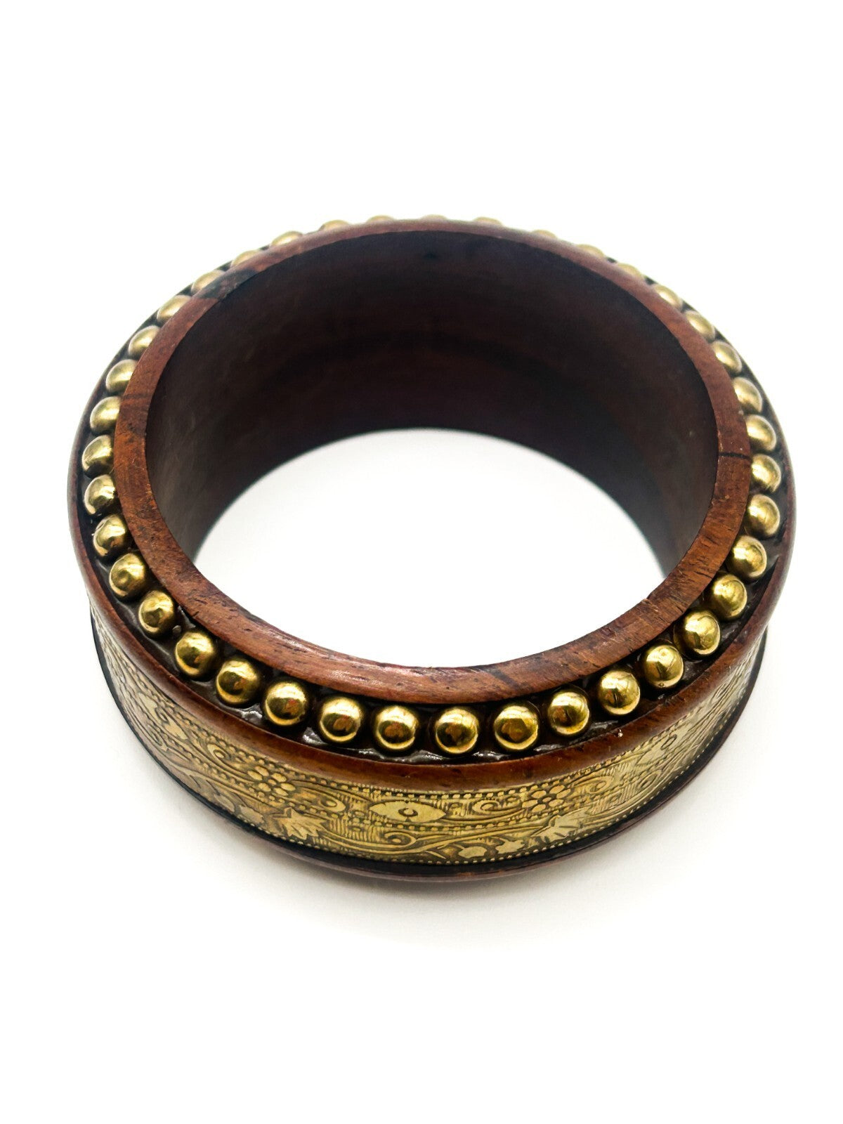 Vintage Dark Wood Brass Bangle Wide Floral Embossed Studded Statement Bracelet