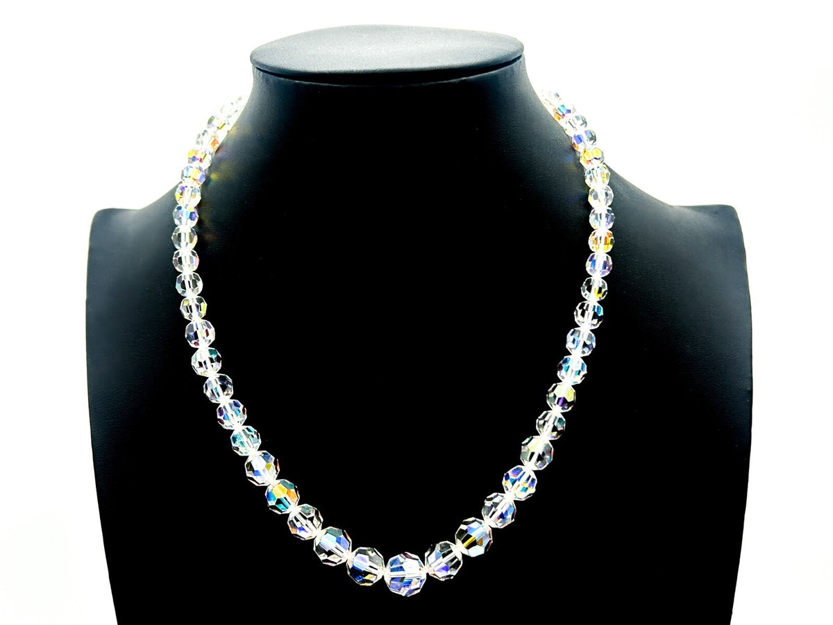 Vintage Aurora Borealis Crystal Necklace Graduated Faceted Glass 17.5” Retro