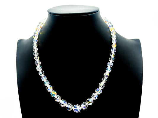 Vintage Aurora Borealis Crystal Necklace Graduated Faceted Glass 17.5” Retro