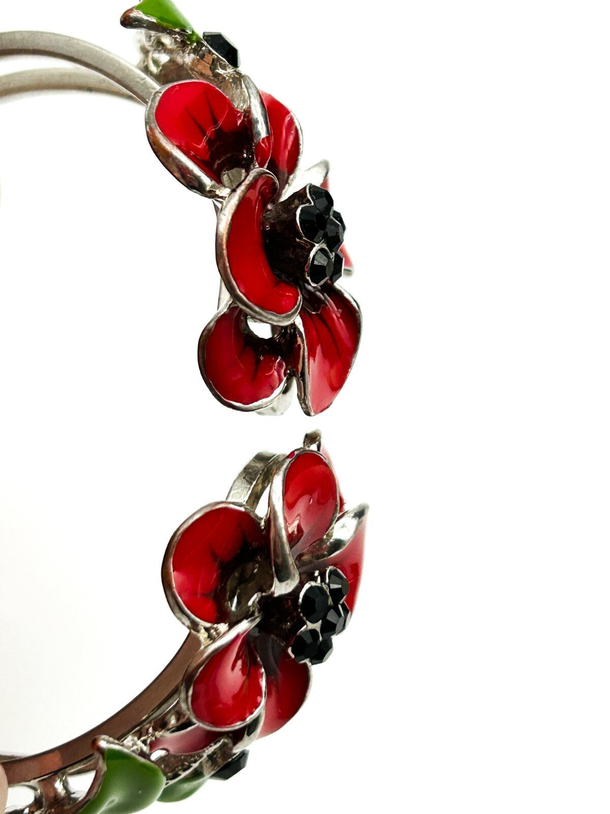 Retro Floral Enamel Bracelet Red Flower Snap Bangle Poppy Silver Tone Statement