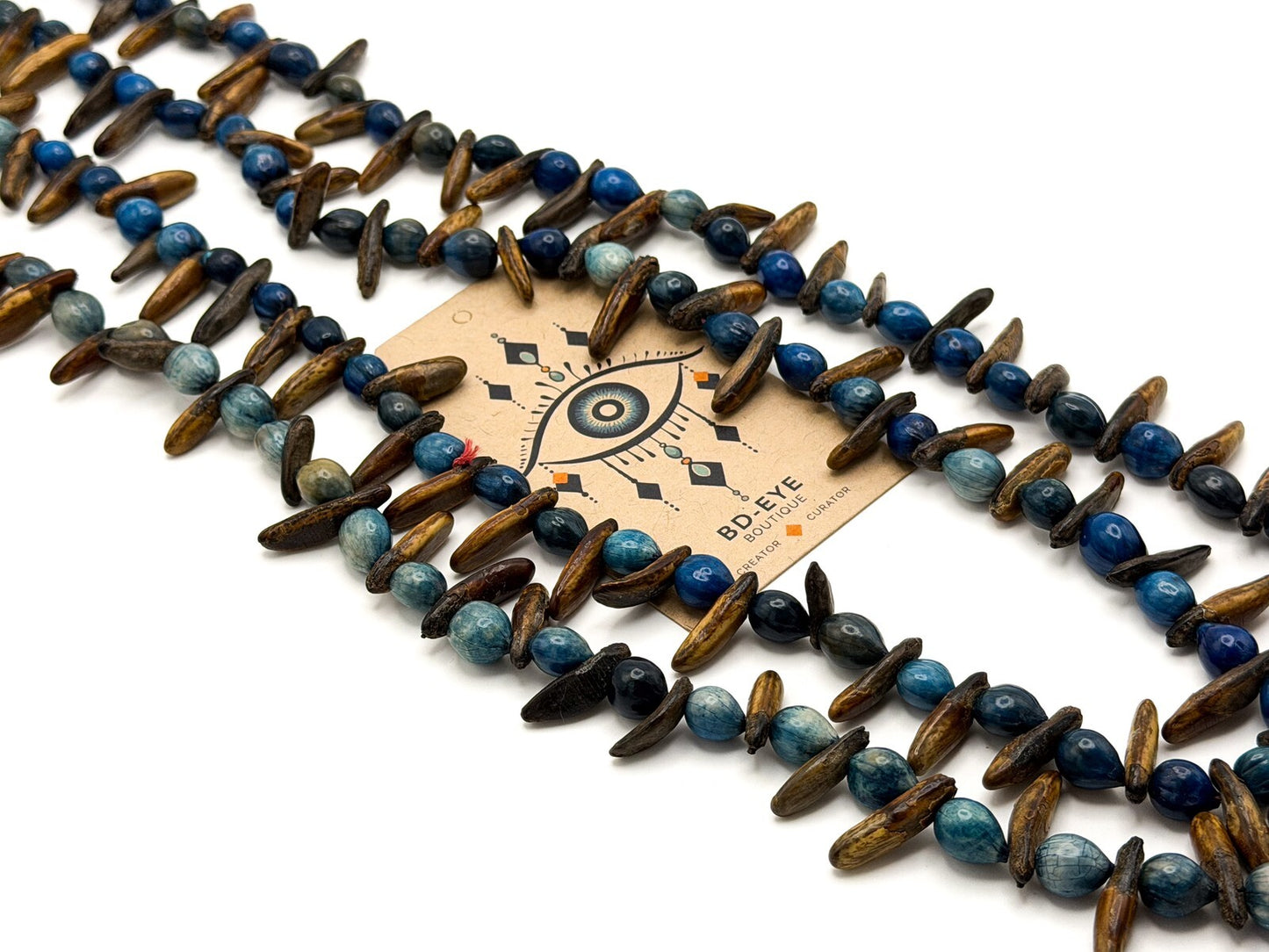 Blue & Brown Dyed Seed Long Boho Necklace