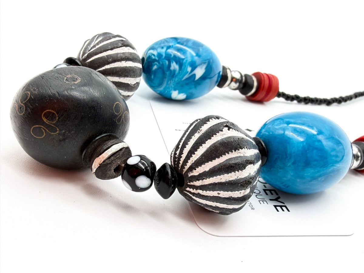 Chunky Blue Black Statement Necklace Carved Clay Beads Ethnic Style Wood 22”