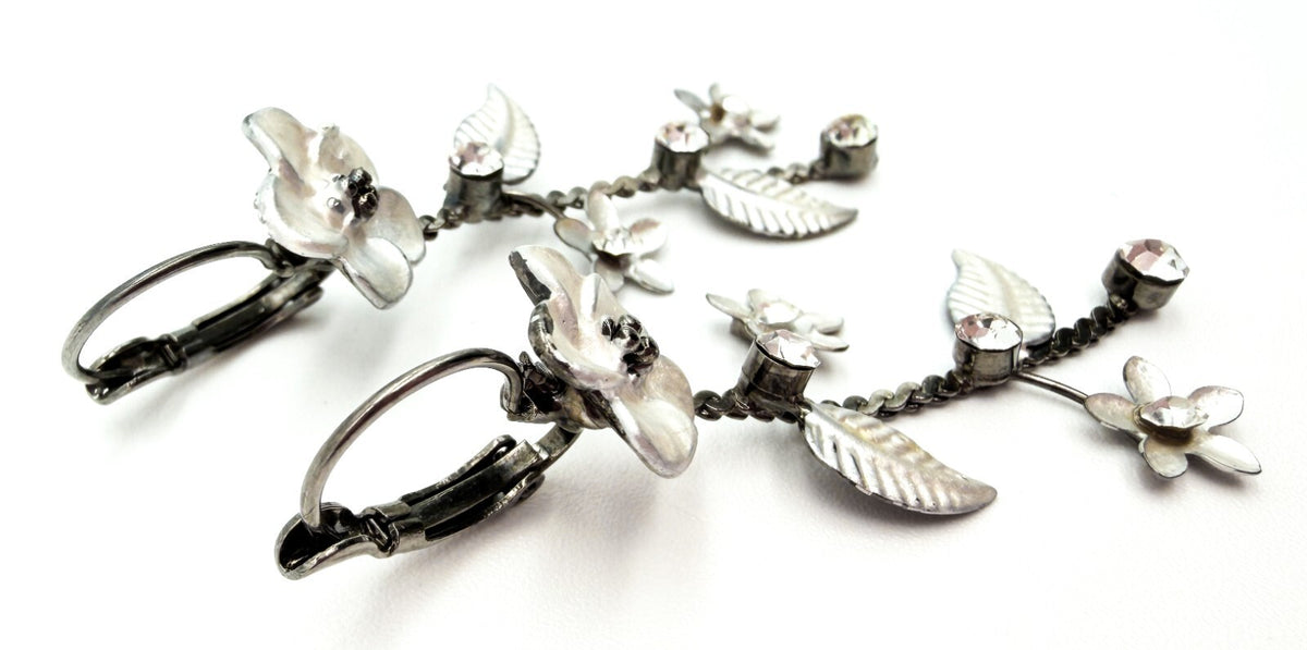Y2K Floral Drop Earrings Silver Enamel Rhinestone Gunmetal Chain