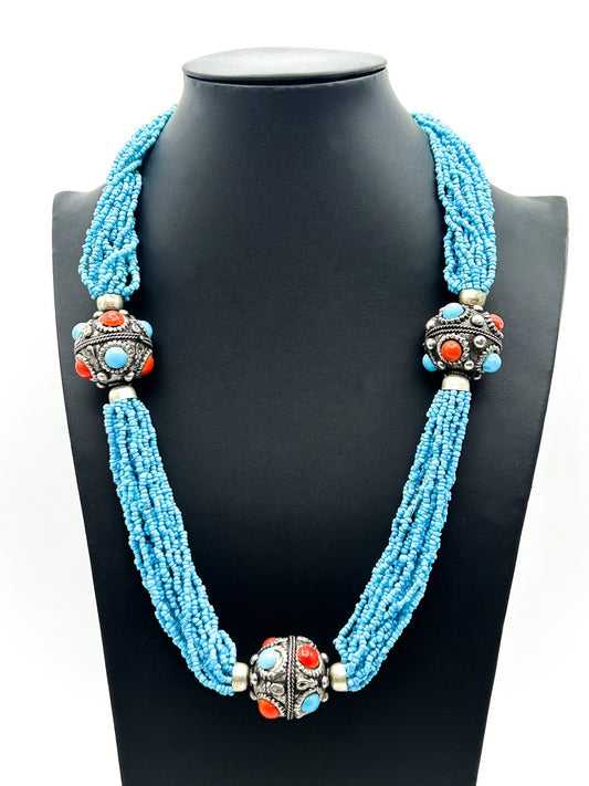 Turquoise Glass Multi Strand Beaded Necklace Statement Silver Tone Red Blue
