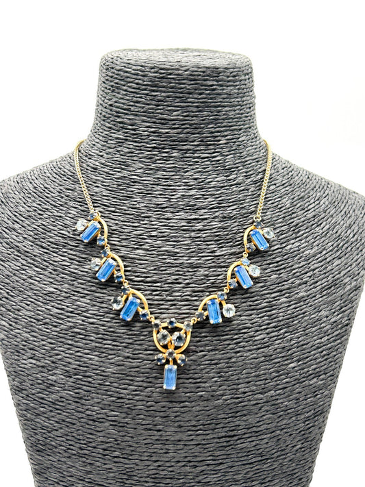 Vintage Blue Rhinestone Necklace Gold Tone Baguette Crystal Statement 1930s-50s