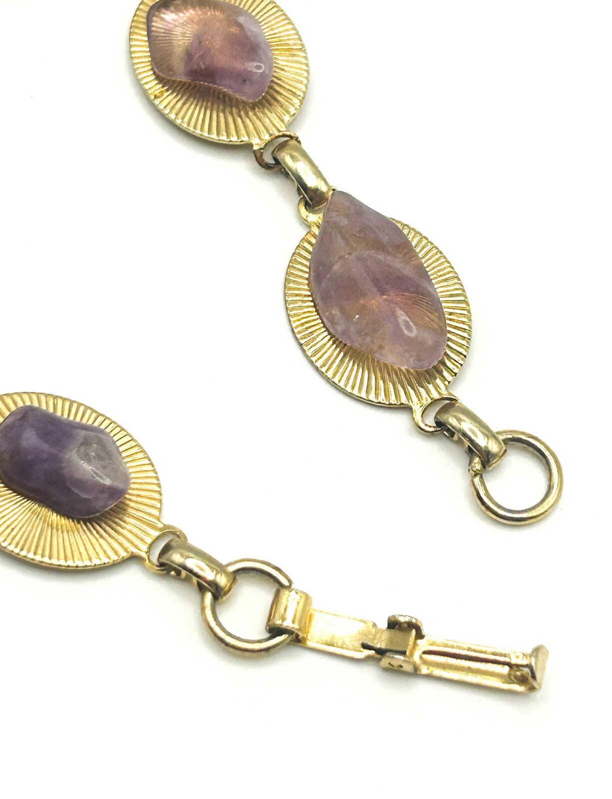 Vintage Gold Tone & Amethyst Nugget Link Bracelet – 8”