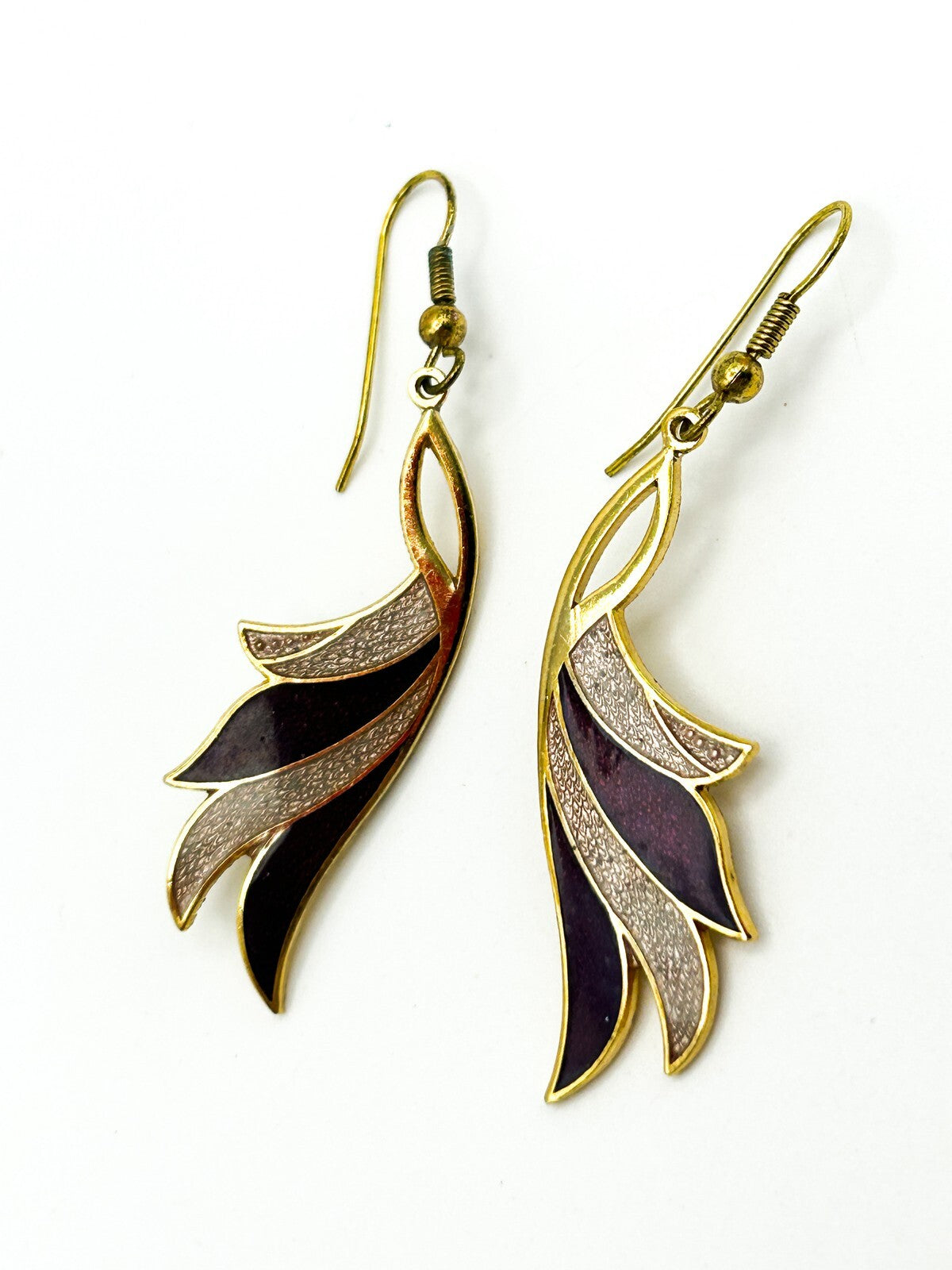Vintage Cleopatra Cloisonné Purple Enamel Dangle Earrings Gold Tone