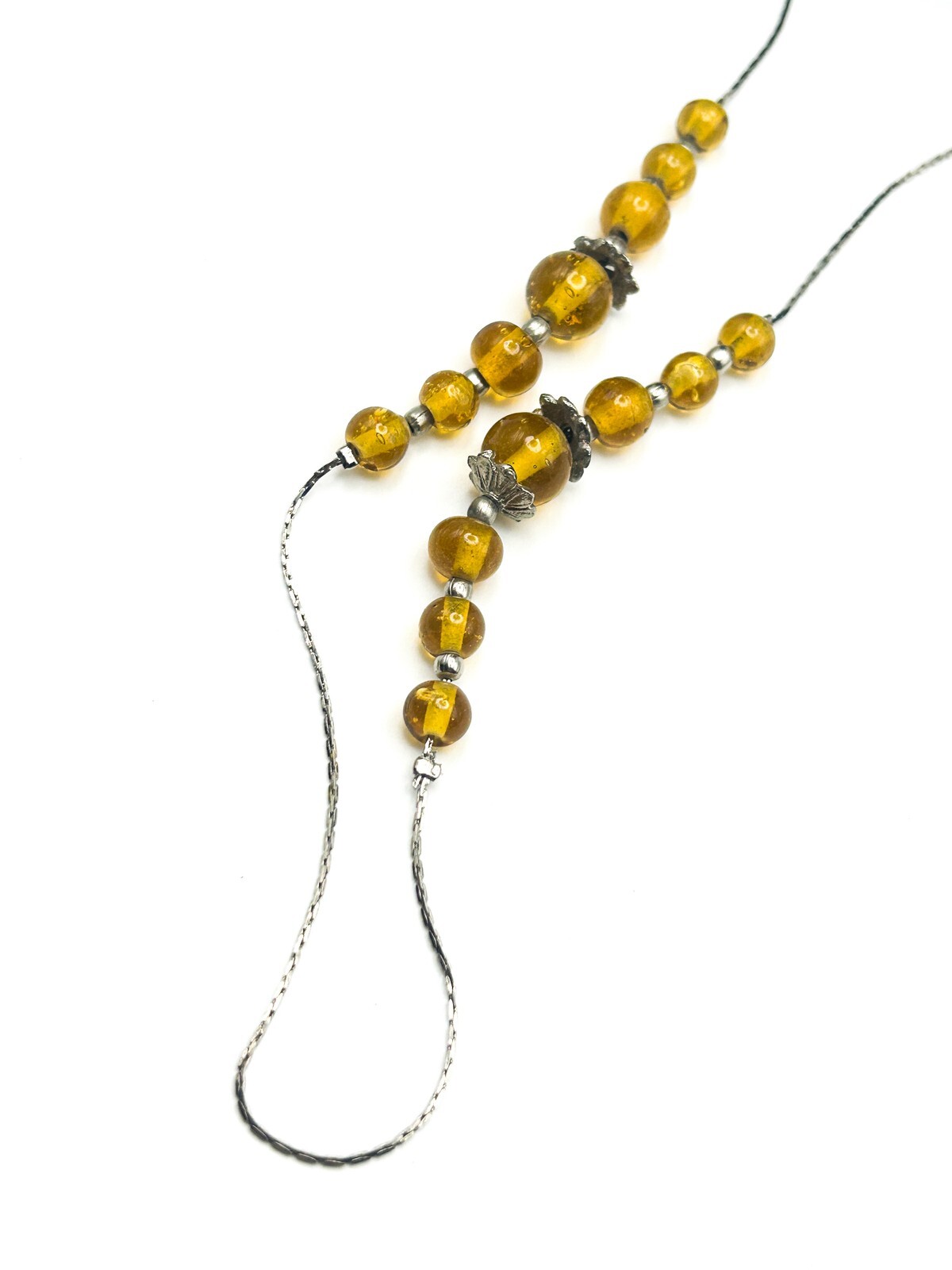Vintage Graduated Long Amber Glass Bead Necklace on Silver-Tone Chain 70s Retro
