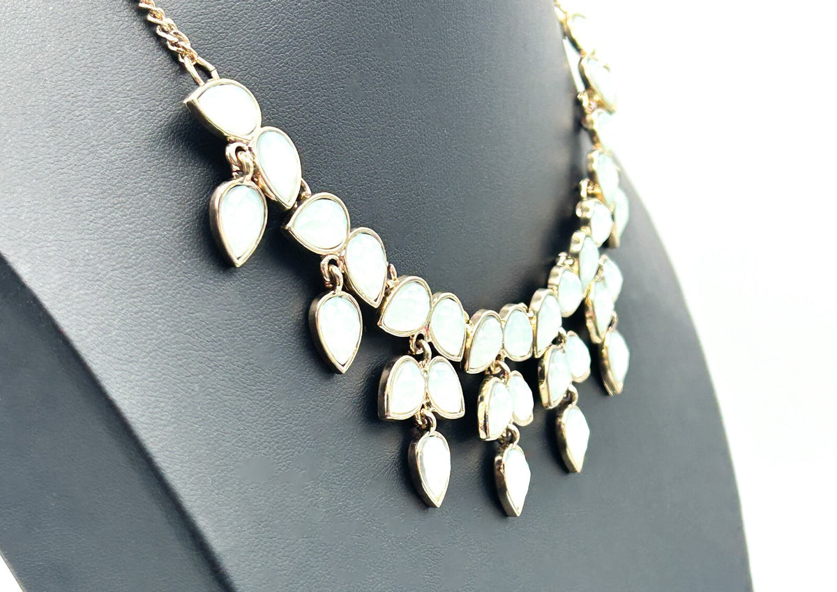 Accessorize Gold Tone Necklace Pale Blue White Teardrop Statement Fringe 15.5”