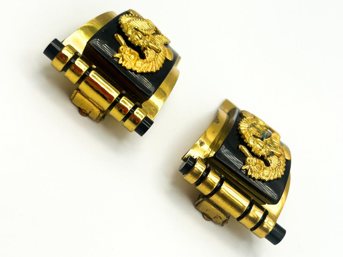 Vintage Shoe Dress Clips Art Deco Jean Painlevé Seahorse Black Gold Pair 1930s