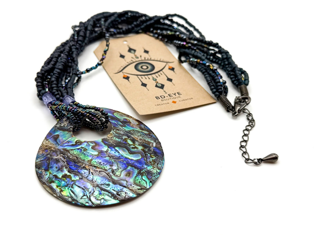 Vintage Paua Abalone Shell Donut Pendant Necklace - Beach Surf Summer