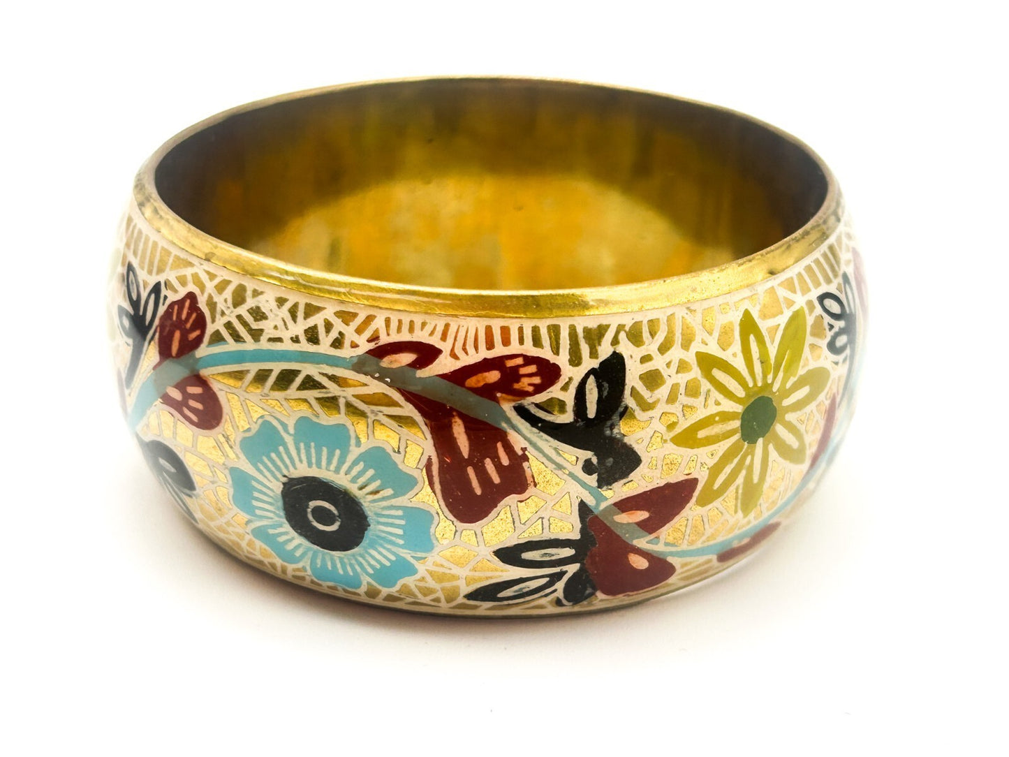 Vintage Brass Bangle Blue Red Painted Floral Statement Bracelet Gold tone Retro