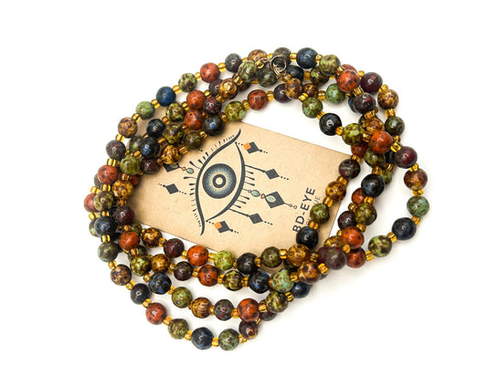 Vintage Mottled Glass Bead Necklace – Green, Orange, Brown & Mustard