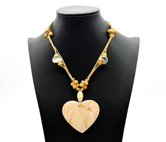 Large Cream Marble Stone Heart Pendant Necklace Multi Strand Cord 17”