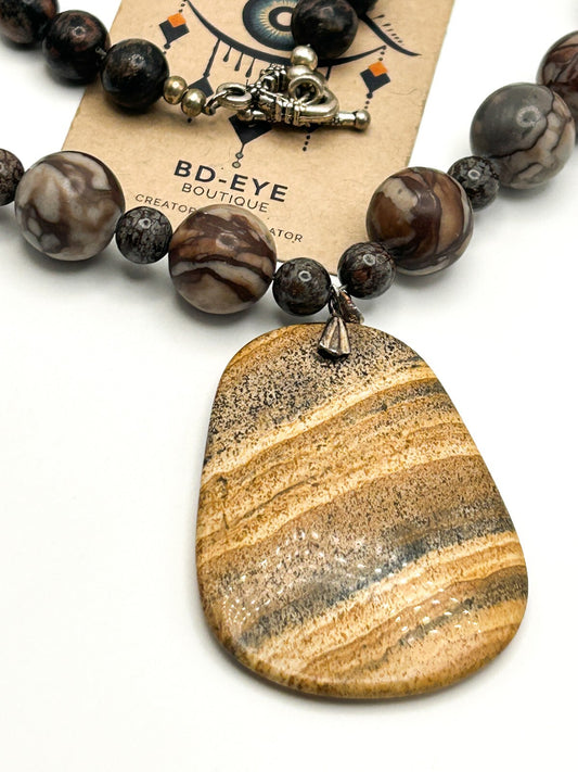 Picture Jasper Pendant Necklace – 925 Sterling Silver Bale – 26” Gemstone Boho