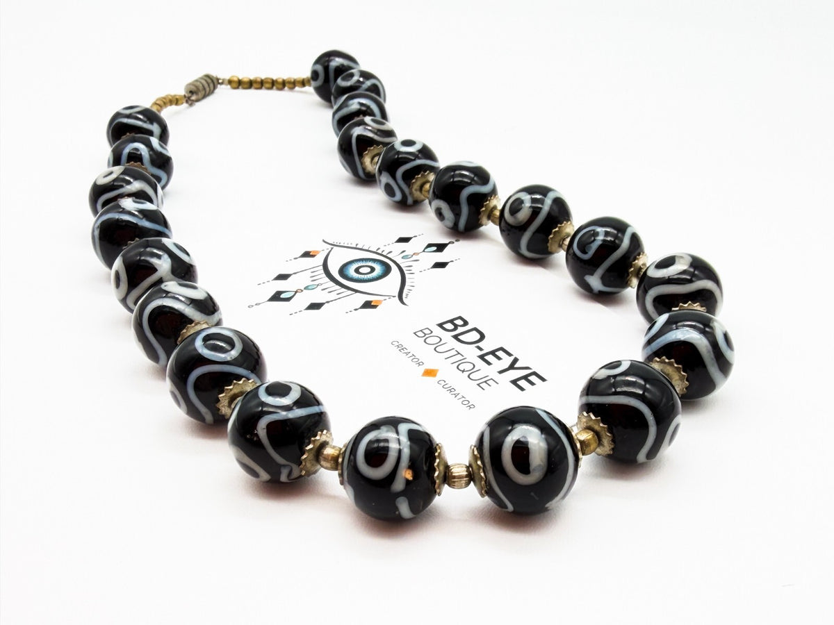 Vintage Black White Dzi Style Necklace Tibetan Bead Statement Glass 17”