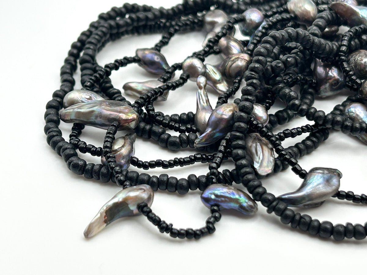 12-Strand Black Glass and Wood Seed Bead Freshwater Baroque Pearl Necklace