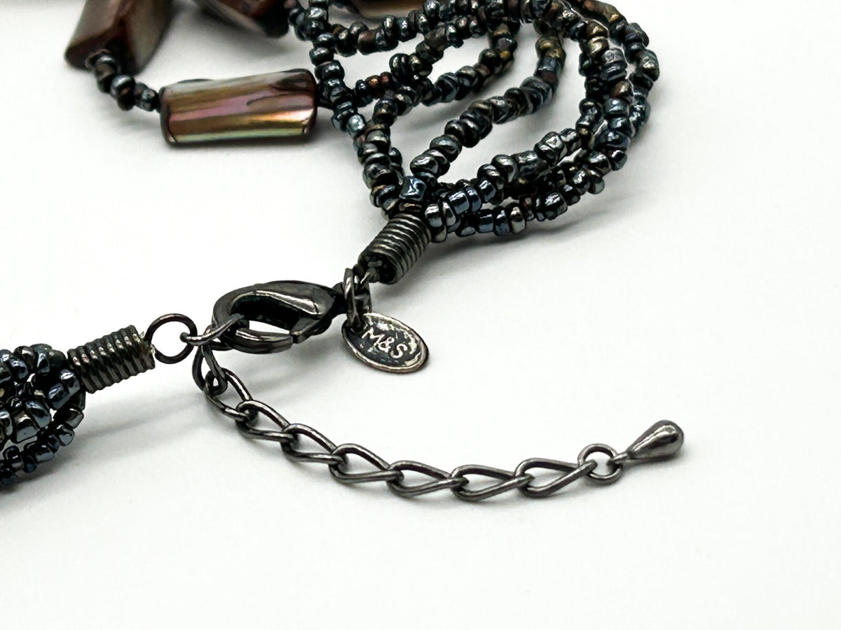 M&S Layered Shell Nugget Necklace Gunmetal Seed Bead Statement Boho Beach
