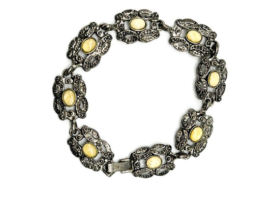 Vintage Ornate Marcasite-Effect Bracelet Iridescent Lemon Cabochon Silver Tone