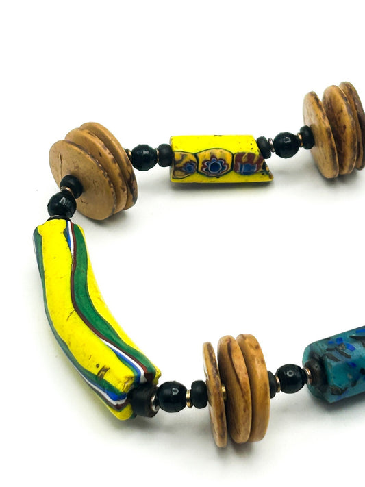 Antique Venetian Millefiori African Trade Bead Necklace Coconut Shell 23”