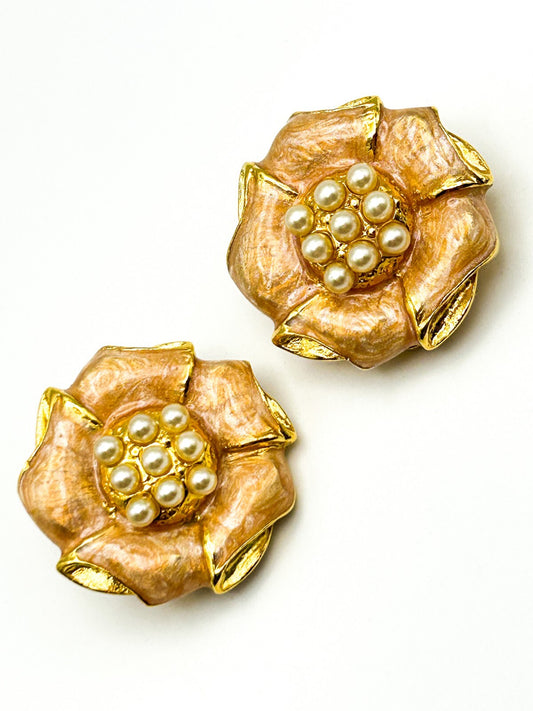 Vintage Peach Enamel Flower Clip On Earrings Faux Pearl Gold Tone Statement