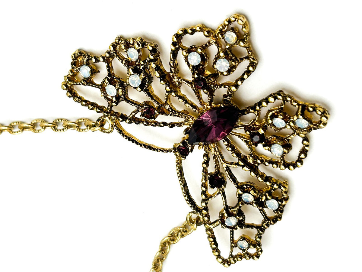 Signed Hollywood Gold Tone Openwork Butterfly Rhinestone Necklace