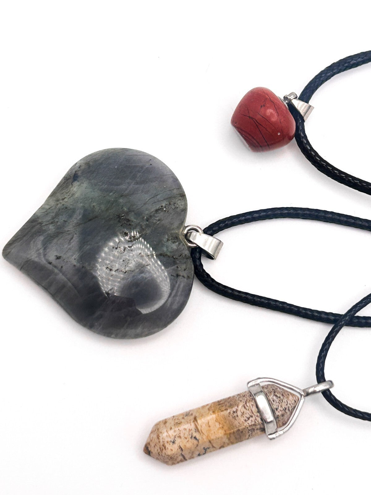 Gemstone Pendant Cord Necklace Bundle – Labradorite Heart, Picture Jasper Point