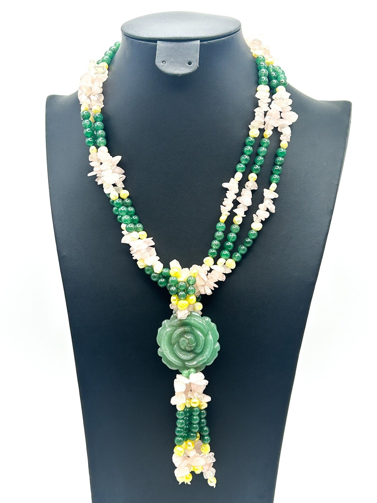 Jade, Rose Quartz, Pearl Triple Strand Statement Necklace Carved Rose Pendant