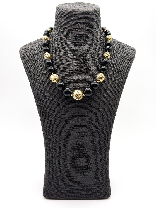 Vintage Black Gold Beaded Necklace Lucite Statement Chunky Beads 19”