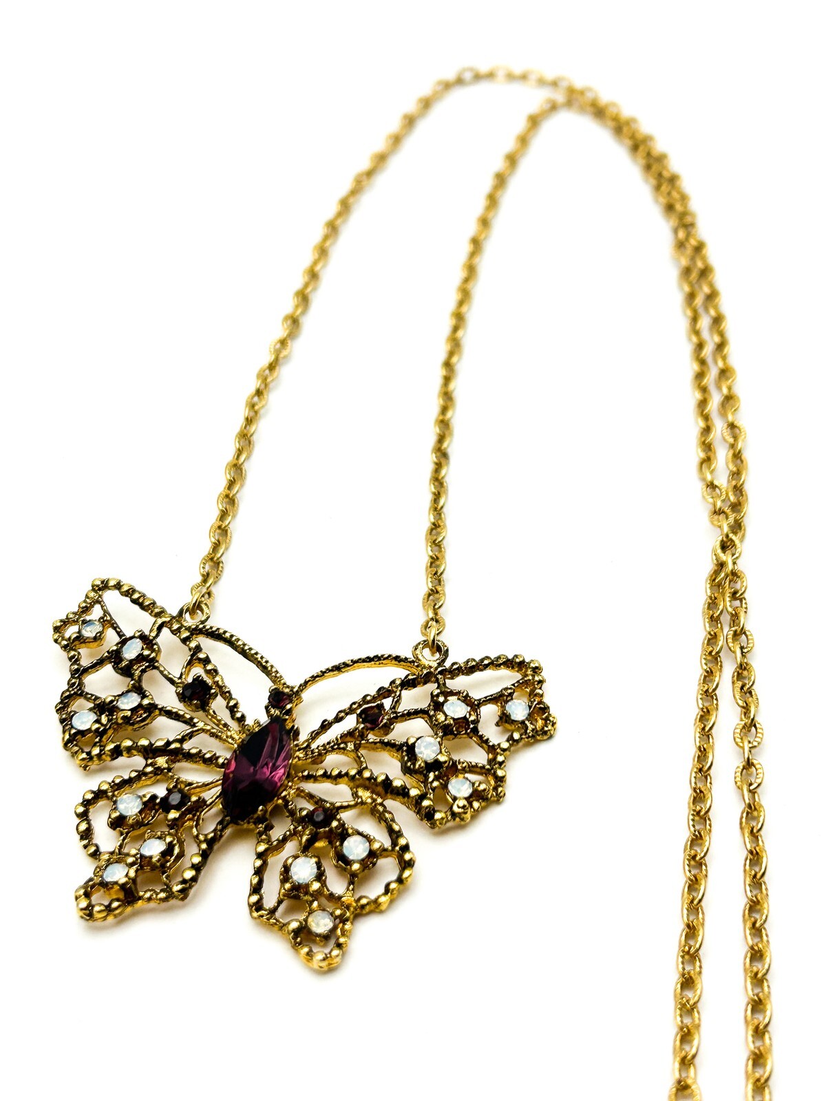 Signed Hollywood Gold Tone Openwork Butterfly Rhinestone Necklace