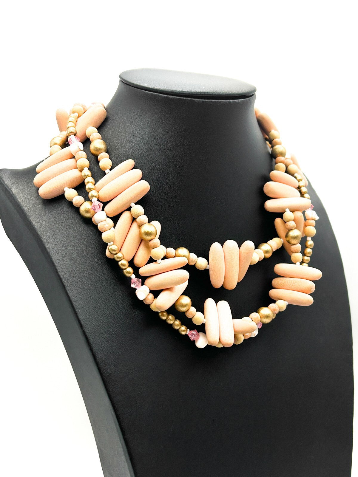 Three-Strand Pink-Peach Pastel Beaded Torsade Necklace – 17”