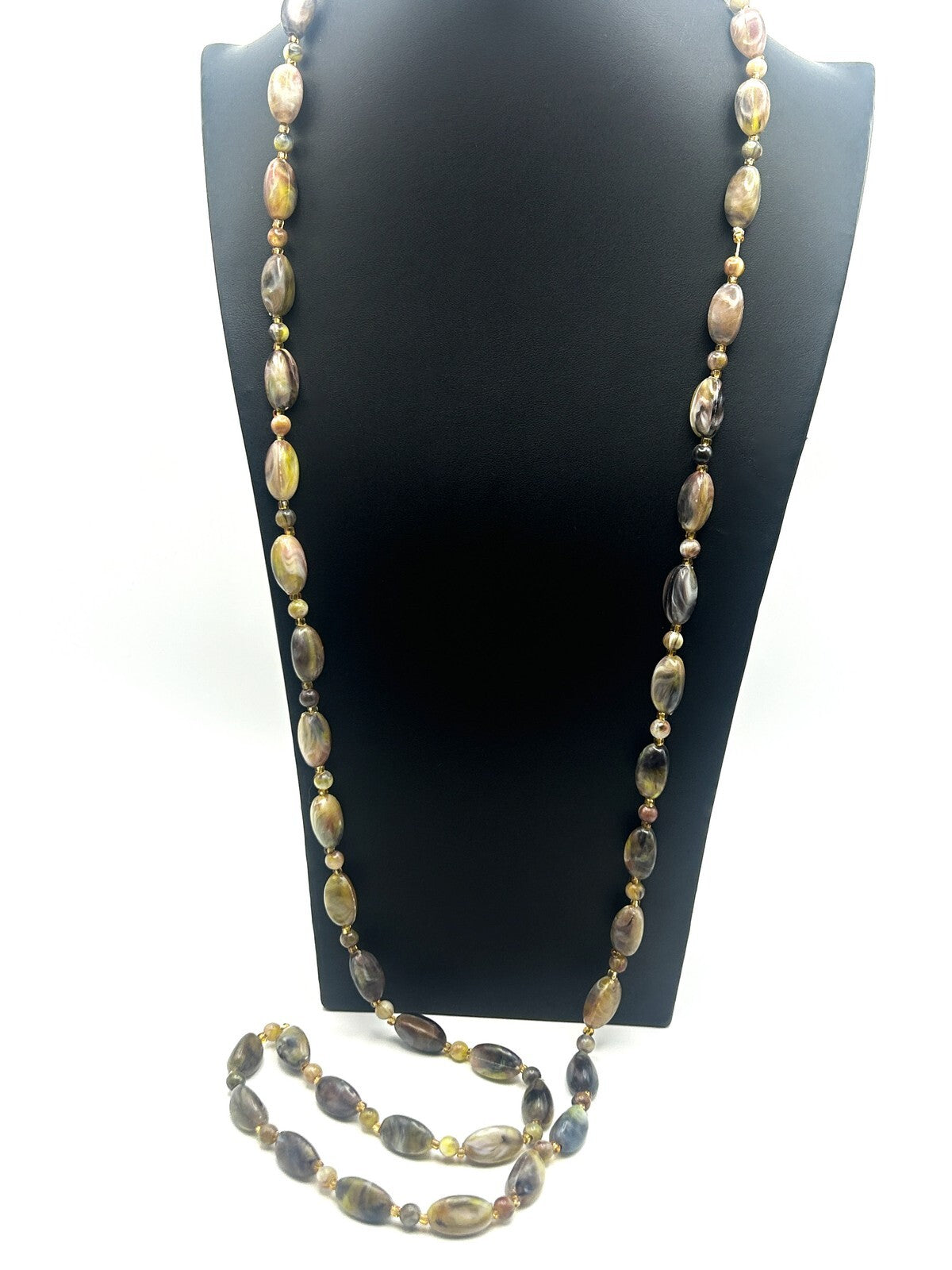 Vintage Marbled Acrylic Bead Long Necklace – Green, Mauve & Grey Tones