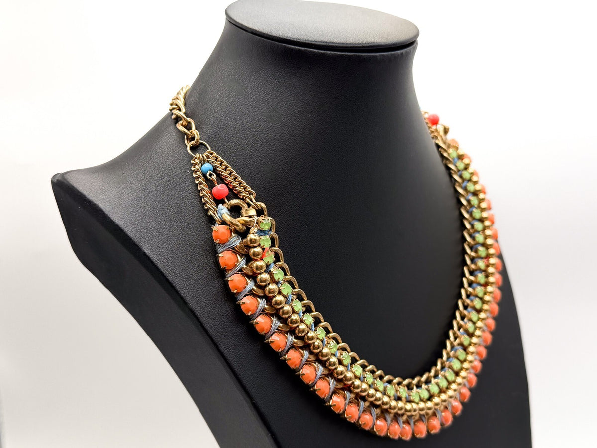 Accessorize Gold Tone Woven Ribbon & Rhinestone Statement Necklace