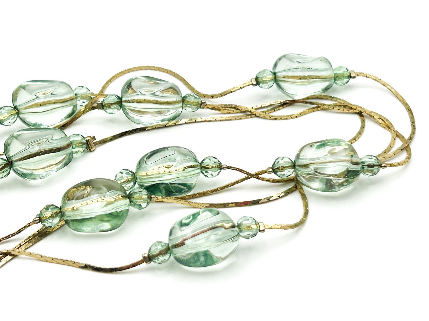 Long Pale Green Acrylic Bead Necklace Multi Strand Gold Tone Layered 34”