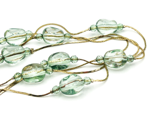 Long Pale Green Acrylic Bead Necklace Multi Strand Gold Tone Layered 34”