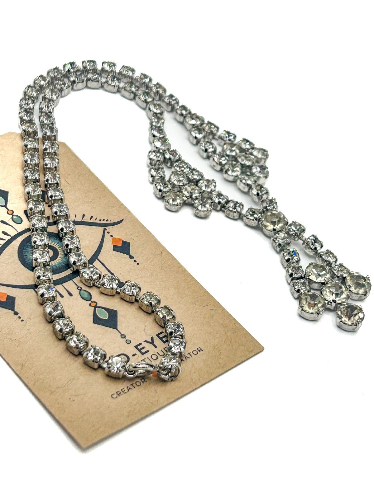 Vintage Prong-set Glass Rhinestone Y Necklace - Pendant Drop and Collar-style