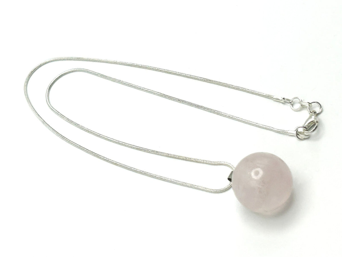 Rose Quartz Sphere Pendant Necklace on Silver Tone Snake Chain Semi Precious Gem