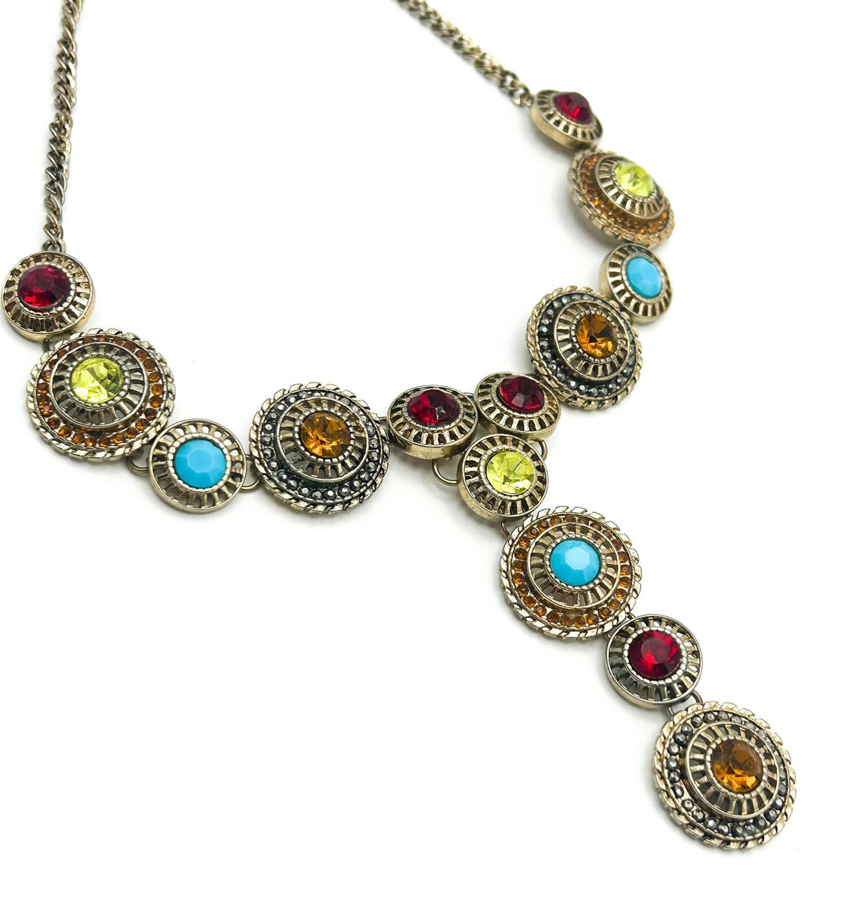 Vintage Boho Ornate Articulated Gold Tone Rhinestone Coin-disc Y Necklace