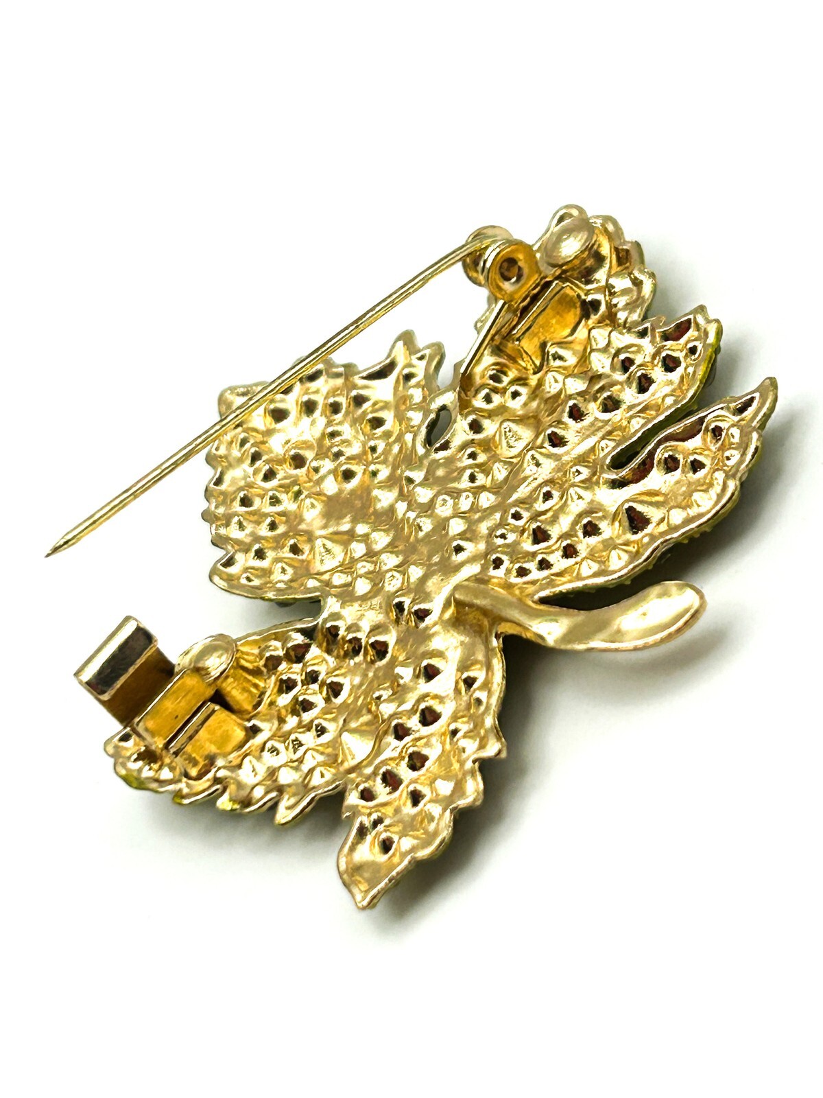 Vintage Maple Leaf Brooch Gold Tone Green Rhinestone Leaf Pin