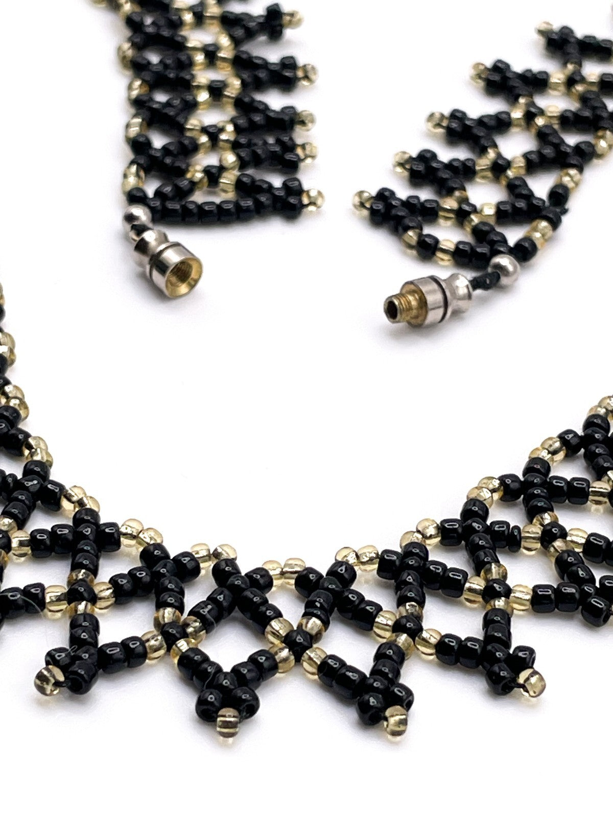 Black & Gold Seed Bead Collar Necklace Gothic Woven Dainty Handmade Artisan
