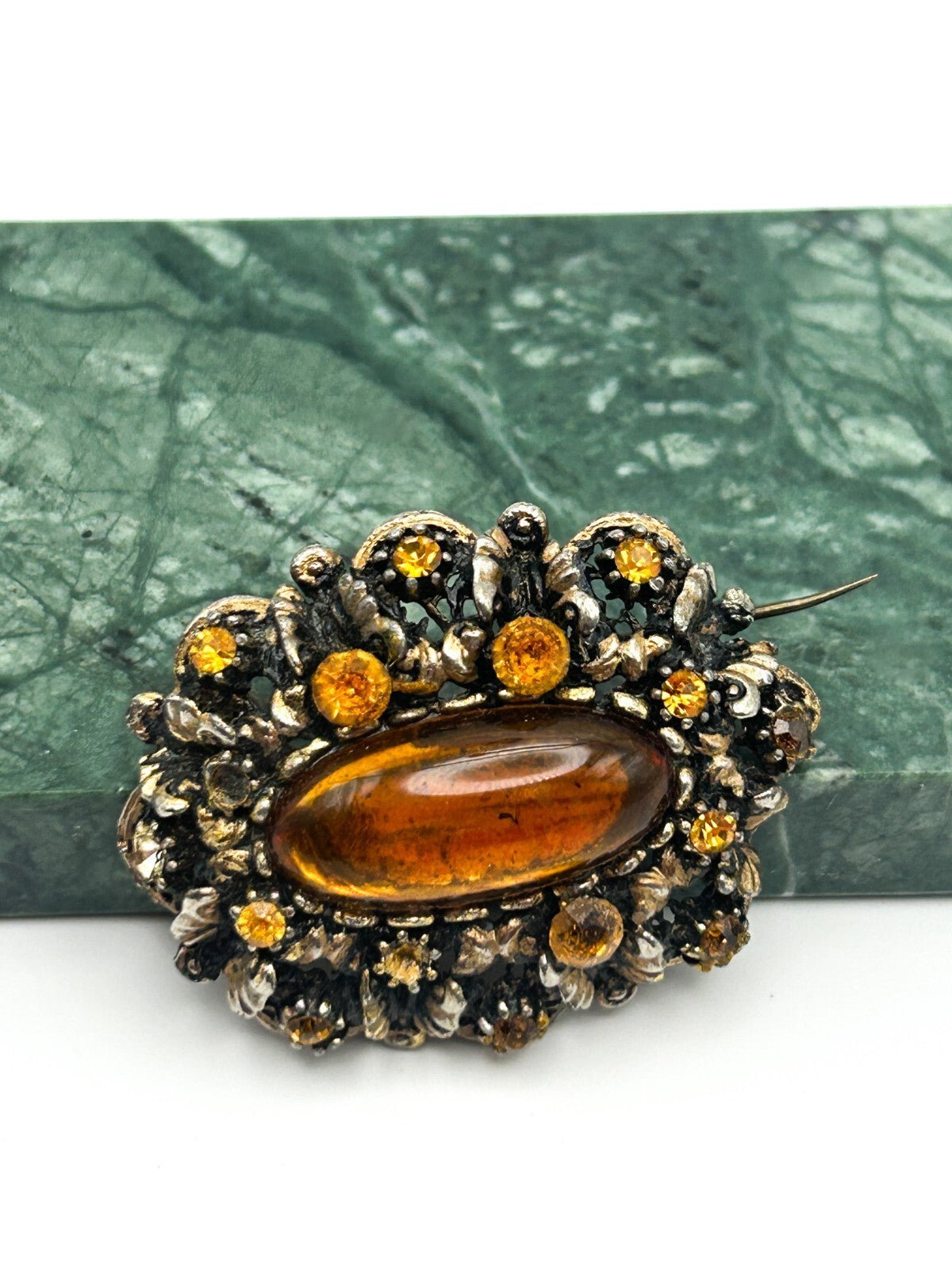 Vintage Amber Glass Oval Cabochon Brooch Rhinestone Ornate Gold Tone Openwork