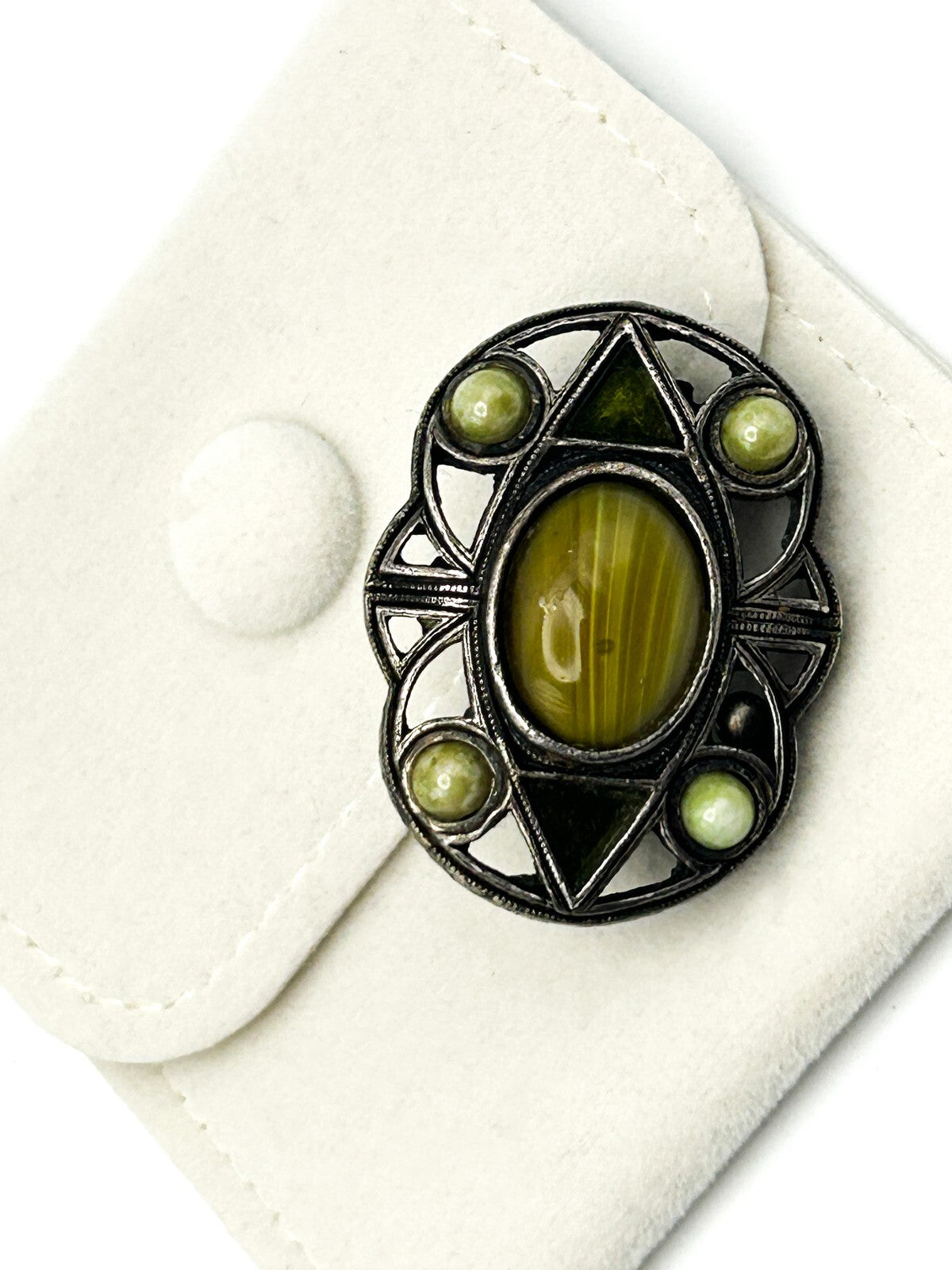 Celtic Style Green Brooch Silver Tone Cabochon Vintage Pin