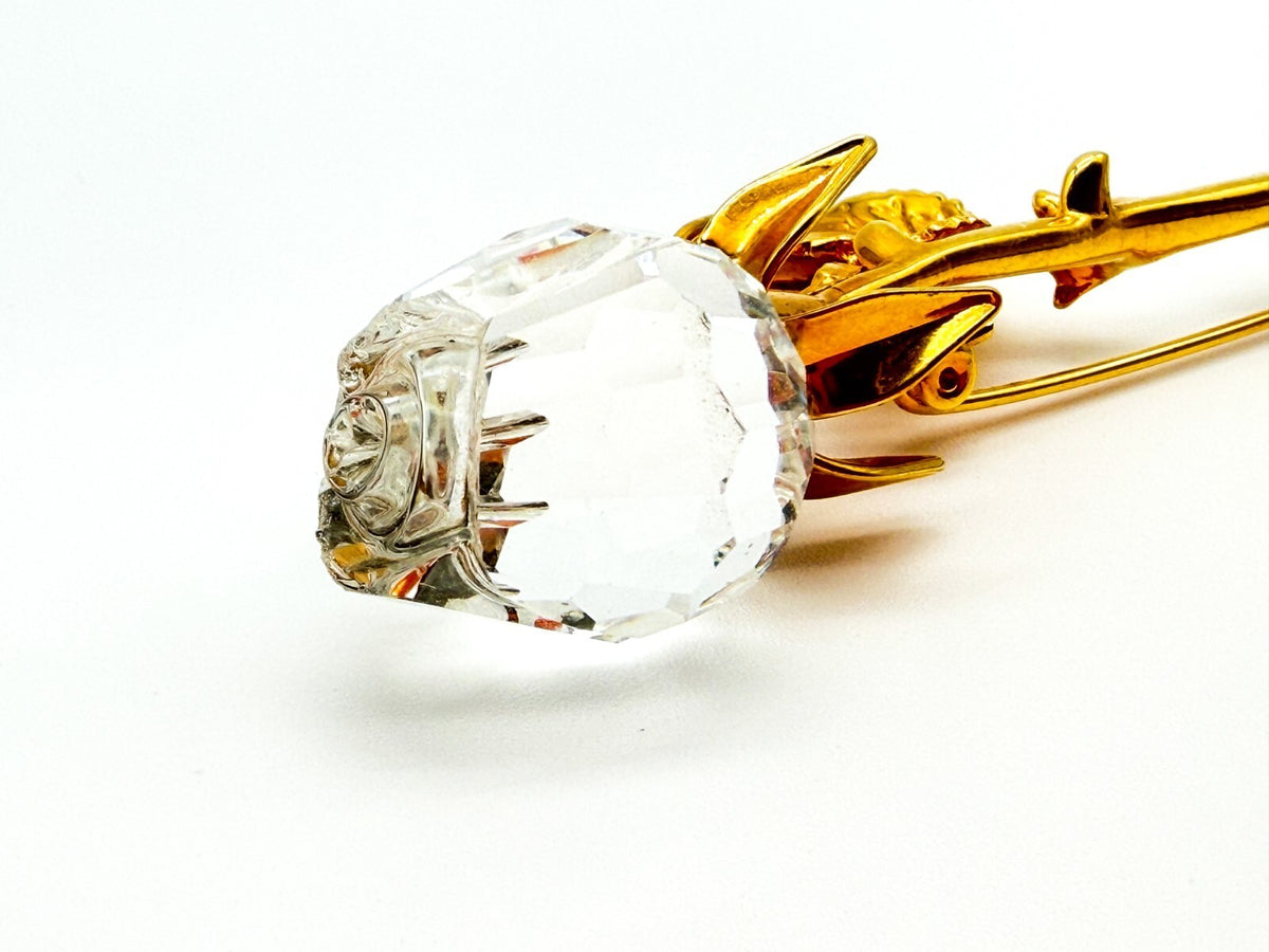 Vintage Large Gold Tone Rose Flower Brooch Pin Crystal Statement Floral