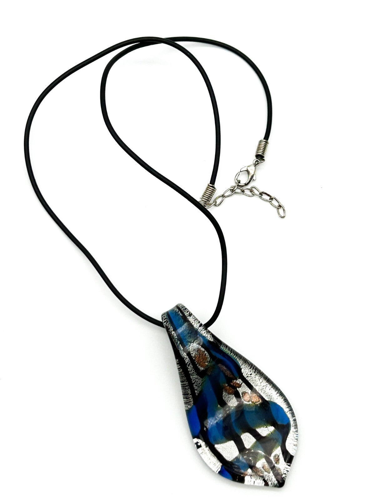 Murano Style Art Glass Pendant Necklace Blue, Silver & Black Abstract Design