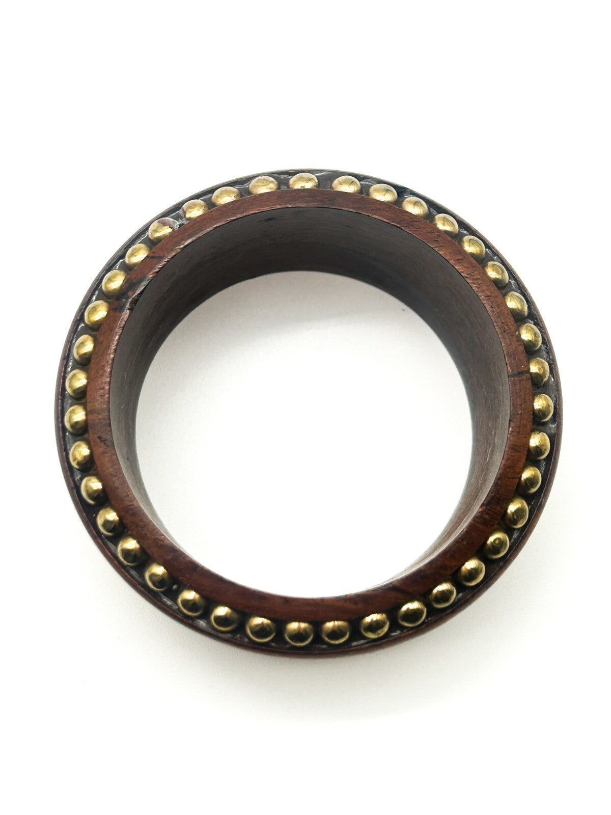 Vintage Dark Wood Brass Bangle Wide Floral Embossed Studded Statement Bracelet