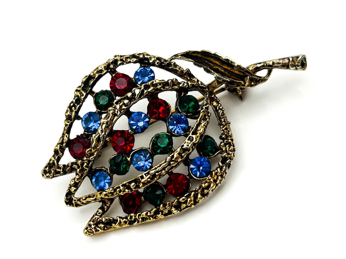 Gold Tone Openwork Tulip Brooch with Multicolour Rhinestones