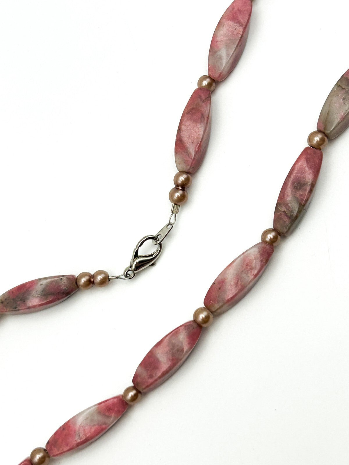 Rhodonite Gemstone Beaded Necklace Pink Oval Beads Faux Pearl Spacers 18”