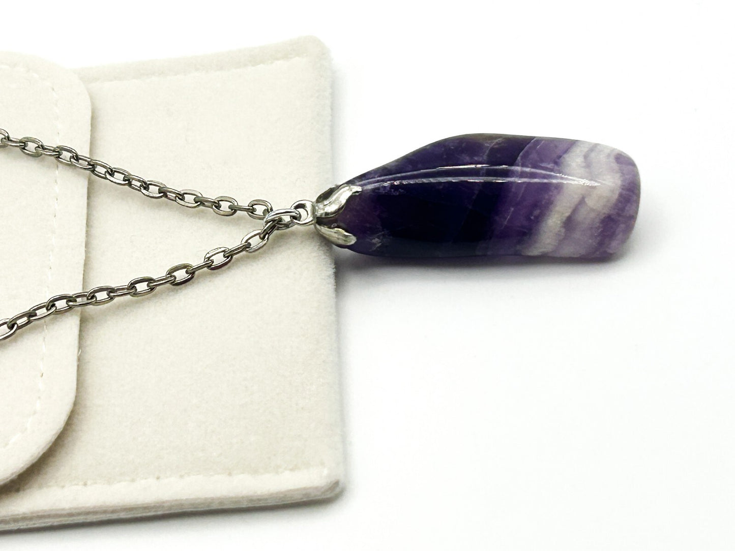 Banded Amethyst Pendant Necklace on Silver Tone Chain