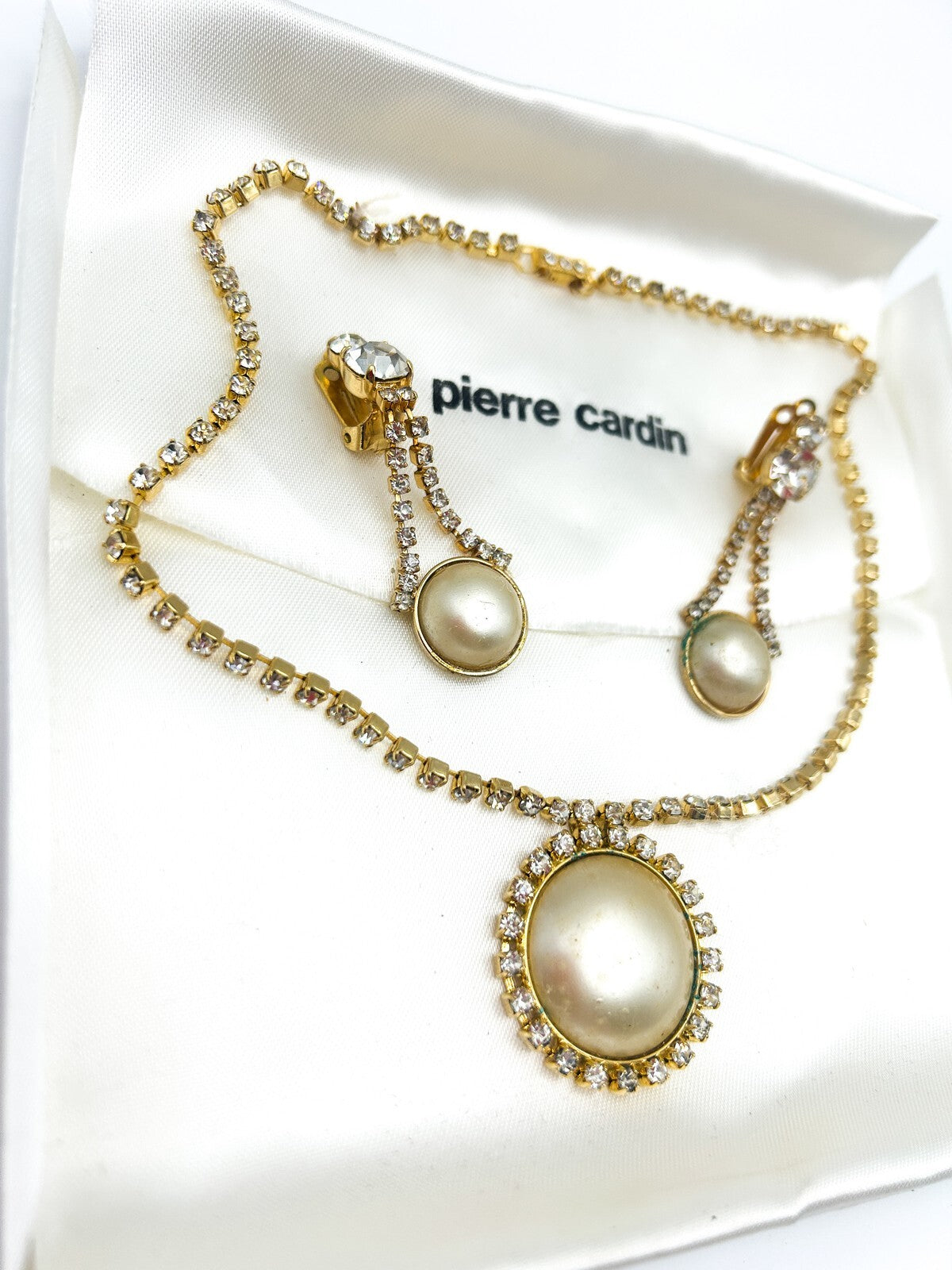 Vintage Pierre Cardin Faux Pearl & Rhinestone Necklace and Earrings - Gold Tone