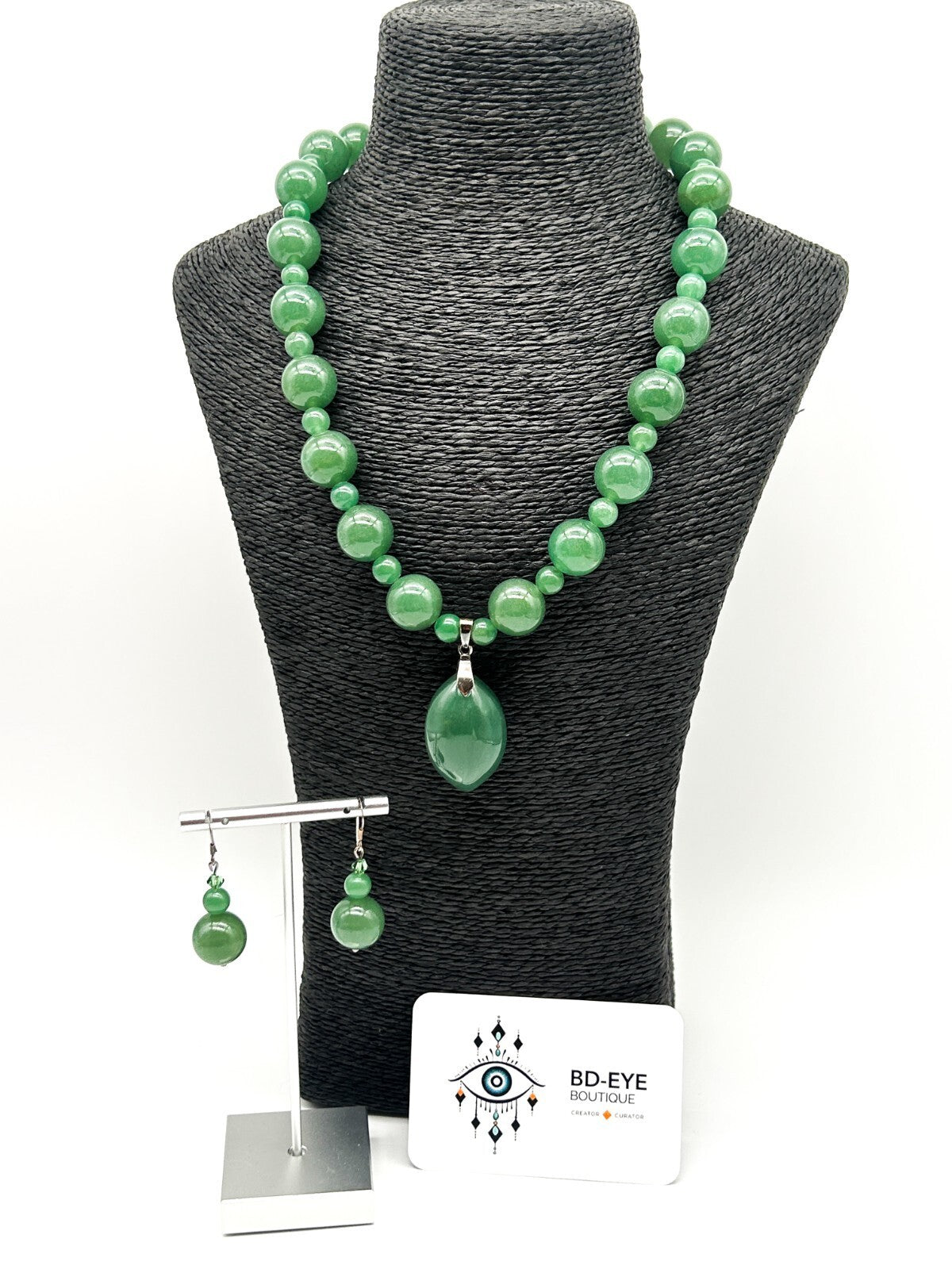 Aventurine Necklace & Earrings Set 925 Sterling Silver Pendant Bale 21”